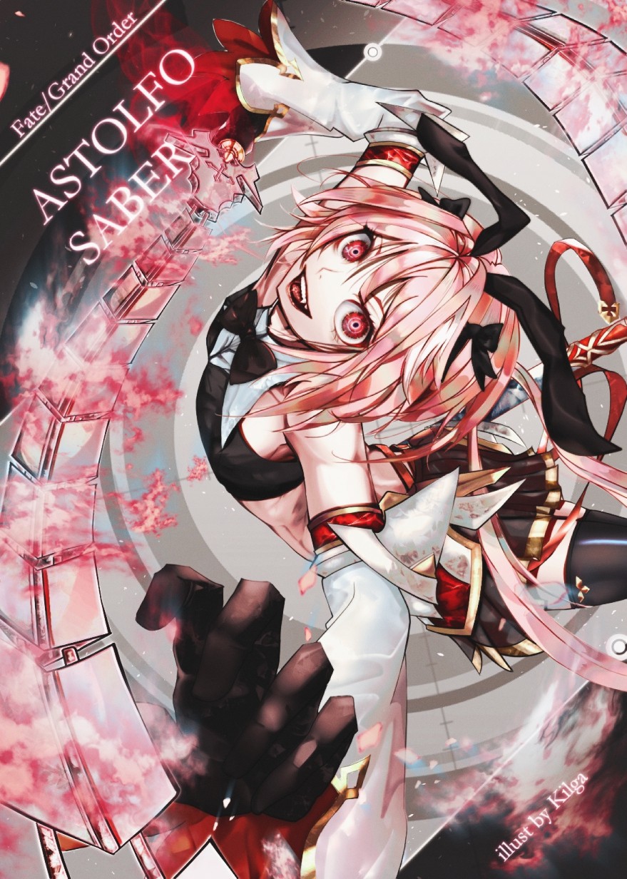1boy animal_ears artist_name astolfo_(fate) astolfo_(saber)_(fate) astolfo_(saber)_(first_ascension)_(fate) black_bow black_bowtie black_gloves black_thighhighs bow bowtie copyright_name crazy_eyes crop_top detached_sleeves fake_animal_ears fang fate/grand_order fate_(series) gloves gold_trim hair_bow hair_intakes highres holding holding_sword holding_weapon kilga long_hair male_focus multicolored_hair pink_eyes pink_hair rabbit_ears red_eyes red_ribbon ribbon scabbard sheath smile solo streaked_hair sword thighhighs trap twintails two-tone_hair very_long_hair weapon whip_sword white_hair wide_sleeves wing_collar