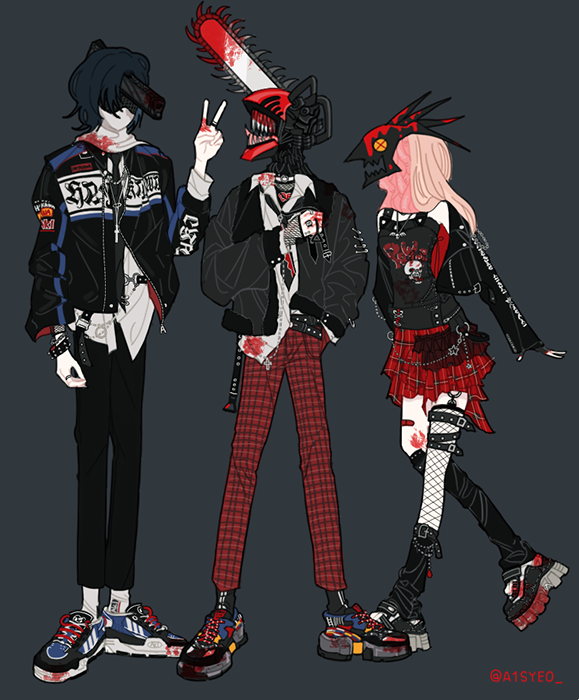 1girl 2boys a1syeo alternate_costume bandaid bandaid_on_leg bat_necklace belt black_footwear black_hair black_jacket black_leg_warmers black_pants black_shirt blood blood_devil_(chainsaw_man) blood_on_clothes blood_on_face blood_on_leg bloody_weapon boots bracelet chain chainsaw chainsaw_man collared_shirt cross cross_necklace denji_(chainsaw_man) facing_to_the_side grey_background gun_devil_(chainsaw_man) hair_down hand_in_pocket hayakawa_aki jacket jewelry leg_warmers long_hair multiple_belts multiple_boys necklace open_mouth pants pink_hair plaid_clothes plaid_pants plaid_skirt power_(chainsaw_man) red_pants red_skirt sharp_teeth shirt shirt_partially_tucked_in short_hair simple_background skirt spiked_bracelet spikes teeth thigh_belt thigh_strap twitter_username v weapon white_shirt
