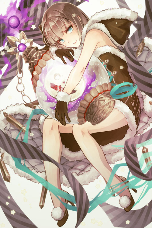 1boy bad_id bad_twitter_id black_gloves blunt_bangs blush bob_cut bow brown_hair cage cape chain closed_mouth dress fur-trimmed_gloves fur-trimmed_hood fur_trim gloves green_eyes gretel_(sinoalice) hair_bow hansel_(sinoalice) high_heels holding holding_cage hood hood_down looking_at_viewer male_focus moo_alice_moo ribbon simple_background sinoalice smile star_(symbol) trap