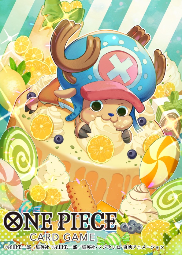 1boy antlers bashikou blue_hood blue_nose cake candy commentary_request copyright_name cross eating food fruit hat horns male_focus official_art one_piece one_piece_card_game orange_(fruit) orange_slice pink_hat reindeer_antlers solo sparkle tony_tony_chopper