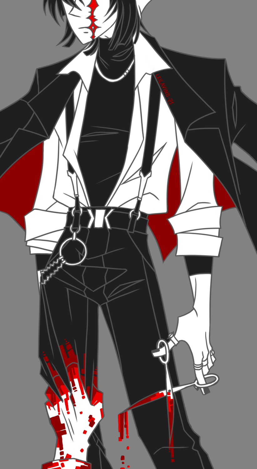 2boys belt_chain black_hair black_jacket black_nails black_pants black_shirt blood bloody_weapon closed_mouth collared_shirt commentary dream_(youtuber) dream_smp english_commentary facial_scar frown grey_background hand_on_another&#039;s_leg hat head_out_of_frame highres holding holding_scissors jacket jacket_on_shoulders jewelry leilavinodraws male_focus medium_hair minecraft_youtube multiple_boys multiple_rings open_clothes open_jacket open_shirt out_of_frame pants quackity red_theme ring scar scar_on_cheek scar_on_face scar_on_mouth scissors shirt simple_background three-quarter_sleeves sleeves_rolled_up spot_color standing suspenders third-party_source turtleneck weapon white_shirt