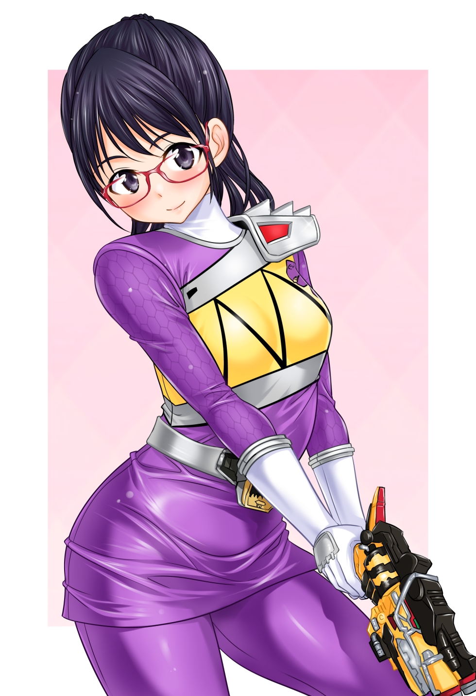 1girl abe_tsukumo belt black_hair blush bodysuit breasts brown_hair dinosaur gaburi_volver glasses gloves grey_belt gun highres holding holding_gun holding_weapon kyoryu_violet long_hair looking_at_viewer medium_breasts no_headwear pink_background plesiosaur ponytail purple_bodysuit purple_eyes purple_skirt single_shoulder_pad skirt smile sparkle super_sentai superhero_costume weapon white_gloves yayoi_ulshade zyuden_sentai_kyoryuger