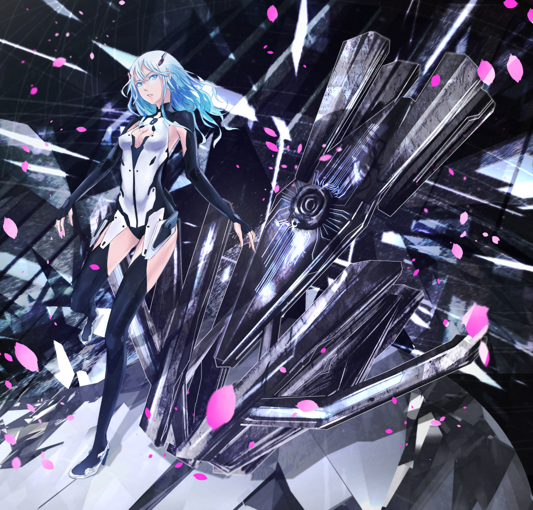 1girl android armpit_cutout beatless blue_eyes blue_hair bodysuit cleavage_cutout clothing_cutout device full_body gradient_hair hair_ornament hands_up high_heels leicia long_hair looking_to_the_side mecha_musume multicolored_hair petals tanikku thighhighs thighs thumb_hole_sleeves turtleneck turtleneck_bodysuit walking weapon
