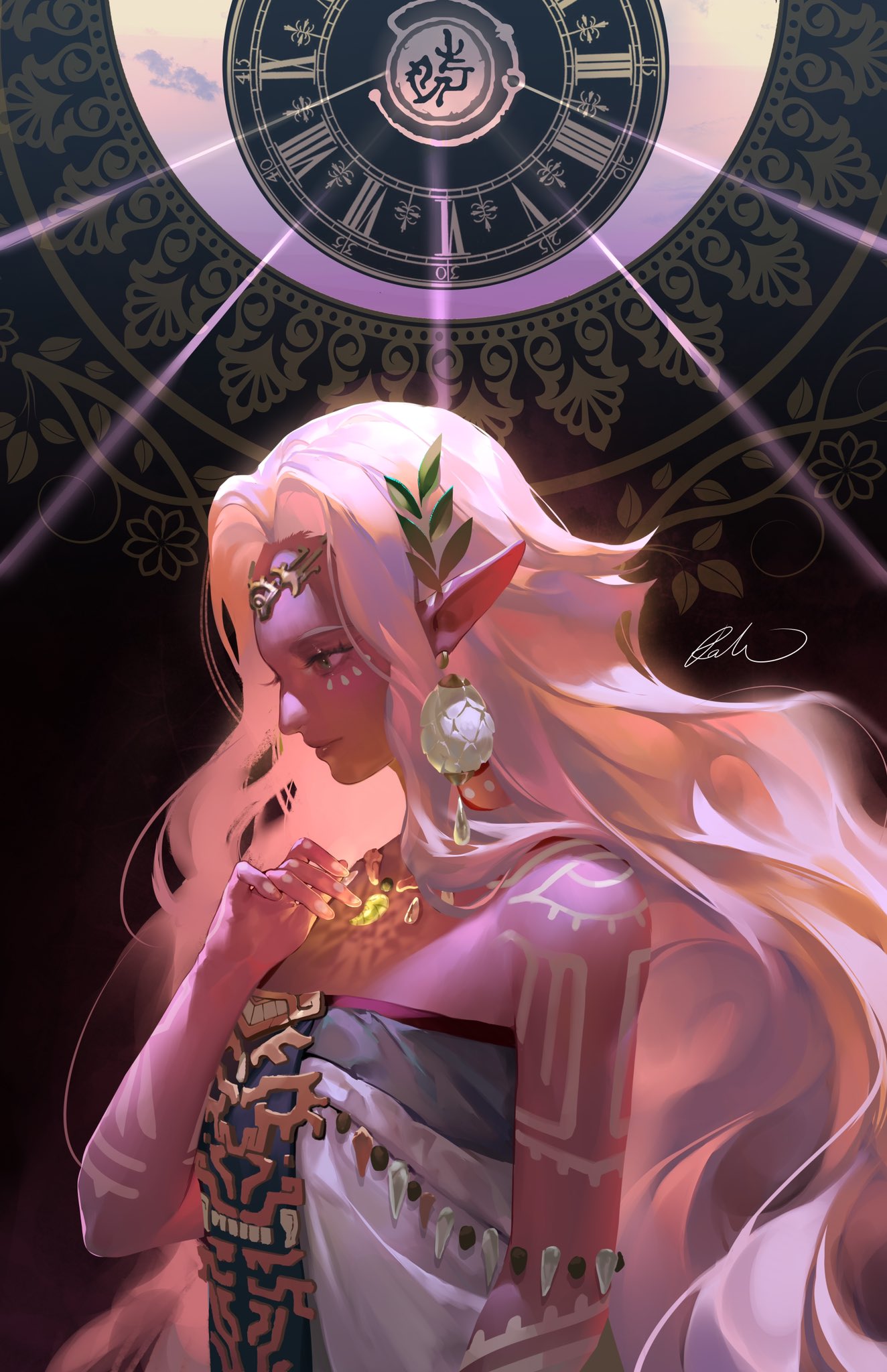 1girl dress earrings glowing_jewelry highres jewelry light_rays long_hair makeup necklace nintendo ornate pointy_ears rat_chuuu shoulder_tattoo signature sonia_(zelda) sunbeam sunlight tattoo the_legend_of_zelda the_legend_of_zelda:_tears_of_the_kingdom tiara white_dress