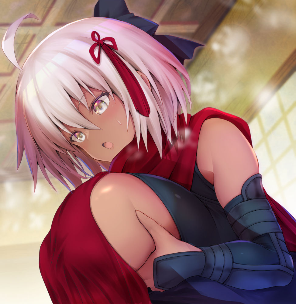 1girl ahoge arm_guards asahi_(fullmetal_madness) bare_shoulders black_bow blush bow breasts breasts_squeezed_together dark-skinned_female dark_skin fate/grand_order fate_(series) hair_bow large_breasts okita_souji_(fate) okita_souji_alter_(fate) open_mouth red_scarf scarf short_hair sideboob solo white_hair