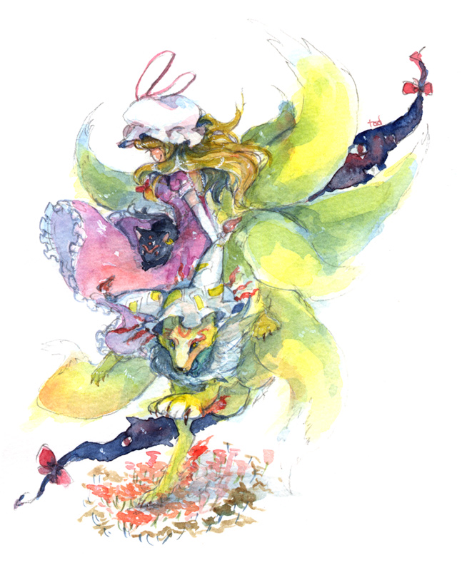 1girl animal_ear_headwear artist_name blonde_hair chen chen_(cat) closed_mouth commentary_request dress elbow_gloves fake_animal_ears floating_clothes floating_hair flower fox gap_(touhou) gloves gogo/tad hat long_hair mob_cap painting_(medium) purple_dress short_sleeves smile spider_lily touhou traditional_media watercolor_(medium) white_background white_hat yakumo_ran yakumo_ran_(fox) yakumo_yukari