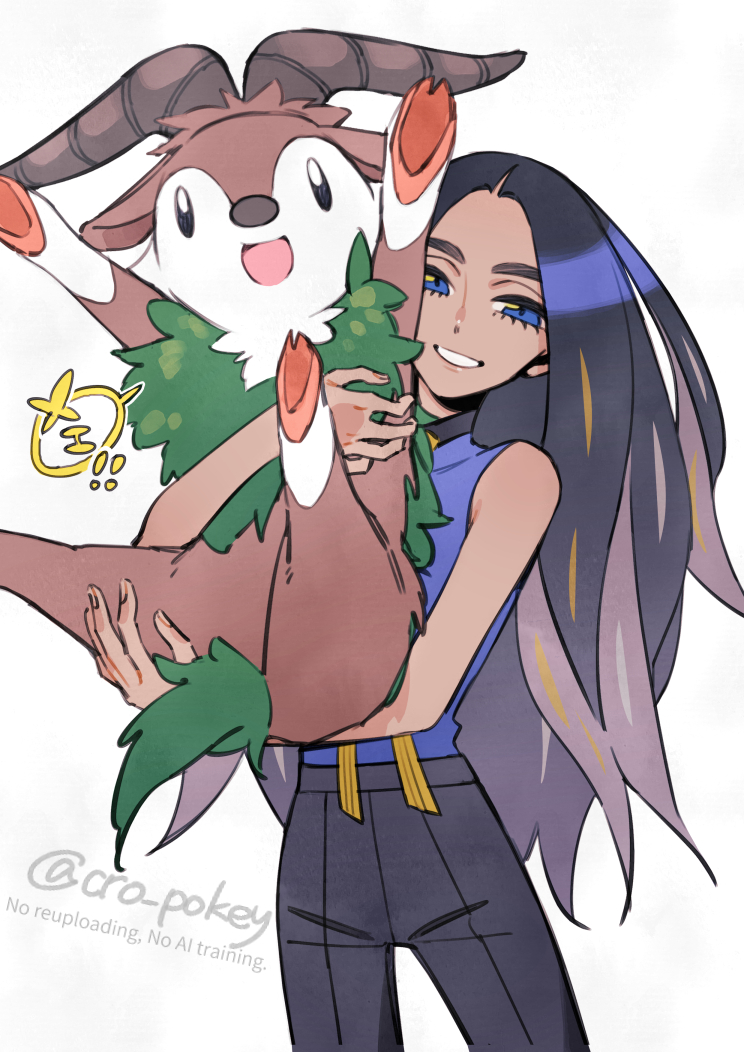 1girl :d bare_shoulders black_hair black_pants blue_eyes blue_shirt carrying colored_speech_bubble commentary_request dark-skinned_female dark_skin geeta_(pokemon) gen_6_pokemon green_eyes long_hair looking_at_viewer nintendo open_mouth pants pokemon pokemon_(creature) pokemon_sv shirt shougo-akira skiddo sleeveless sleeveless_shirt smile speech_bubble turtleneck turtleneck_shirt twitter_username very_long_hair