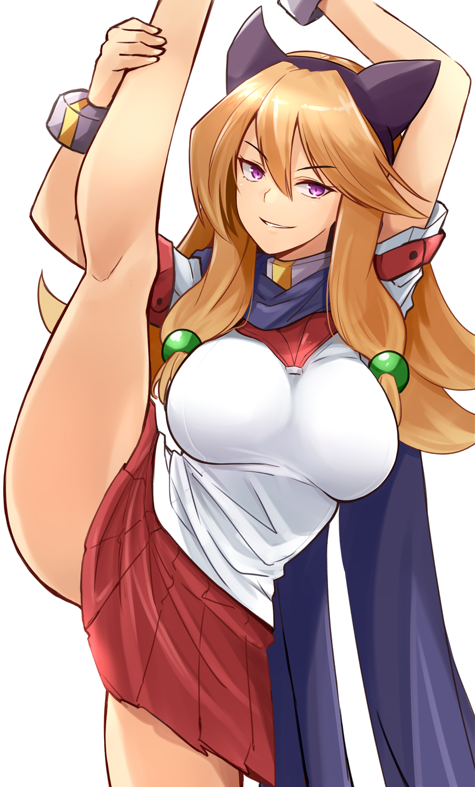 1girl animal_ears arcana_heart arm_behind_head breasts brown_hair dog_ears flexible highres inuwaka_akane large_breasts leg_grab leg_lift leg_up legs long_hair looking_at_viewer parted_lips purple_eyes scarf school_uniform seductive_gaze seductive_smile skirt smile solo standing standing_on_one_leg thighs
