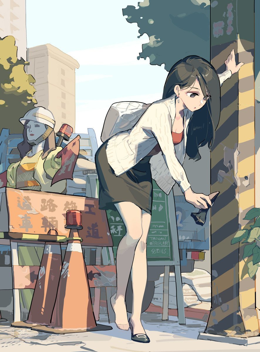 1girl arm_support bag black_eyes black_hair black_skirt breasts building cleavage coat commentary earrings english_commentary flag hard_hat helmet high_heels highres holding holding_bag hoop_earrings jewelry long_hair long_sleeves looking_at_object looking_down mannequin medium_breasts miniskirt motor_vehicle original outdoors pantyhose parted_lips pencil_skirt red_shirt red_shoes sandbag shirt shoes skirt solo standing standing_on_one_leg tennohi traffic_cone truck white_coat