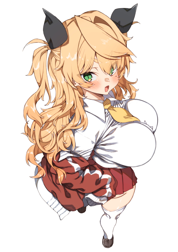 1girl between_breasts black_ribbon blonde_hair blush breasts childhood_friend_(kz_oji) collared_shirt foreshortening full_body green_eyes hair_ribbon jacket kz_oji large_breasts long_hair looking_at_viewer miniskirt mole mole_under_eye necktie necktie_between_breasts open_mouth original red_jacket red_skirt ribbon shirt simple_background skirt smile solo standing thighhighs white_background white_shirt white_thighhighs wing_collar yellow_necktie