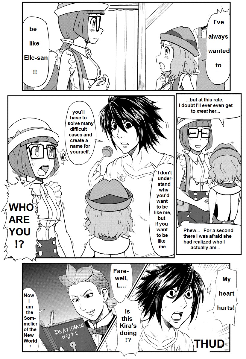 aria_(pokemon_anime) ariana_(pokemon_anime) bags_under_eyes candy cilan_(pokemon) comic creatures_(company) crossover death_note death_note_(object) food game_freak gouguru greyscale highres l_(death_note) lollipop monochrome nameplay nintendo pokemon pokemon_(anime) pokemon_bw_(anime) pokemon_xy_(anime) serena_(pokemon) shueisha translated voice_actor_connection writing