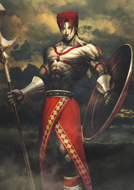 1boy abs arm_tattoo armor bare_shoulders belt boots bracer brown_background brown_belt cape chest_tattoo clenched_hands closed_mouth curtained_hair fate/grand_order fate_(series) feet_out_of_frame gold_armor greco-roman_clothes holding holding_polearm holding_shield holding_weapon leonidas_(fate) long_skirt looking_at_viewer male_focus official_art pectorals polearm red_cape red_eyes red_hair red_skirt shield shima_udon short_hair shoulder_armor skirt smoke solo spear standing tattoo third-party_source toned toned_male topless_male veins weapon