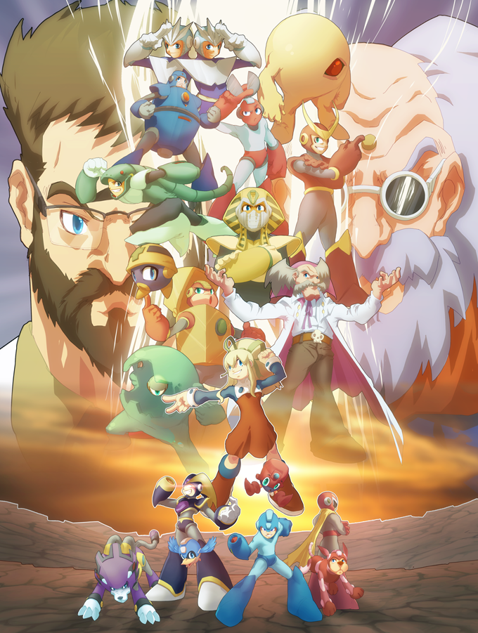 3boys arm_cannon bass_(mega_man) beard beat_(mega_man) blonde_hair blue_eyes brown_hair capcom cut_man dawn dr._cossack_(mega_man) dr._wily_(mega_man) dress dual_persona facial_hair frown gemini_man glasses grin hard_man heat_man helmet joints looking_at_viewer male_focus mega_man_(character) mega_man_(classic) mega_man_(series) met_(mega_man) mr_x_(rockman) multiple_boys mustache pharaoh_man proto_man quick_man red_dress robot_ears robot_girl robot_joints rockman_(game) roll_(mega_man) rush_(mega_man) scarf scissors siblings smile snake_man sunglasses treble_(mega_man) twins weapon yellow_devil_(mega_man)
