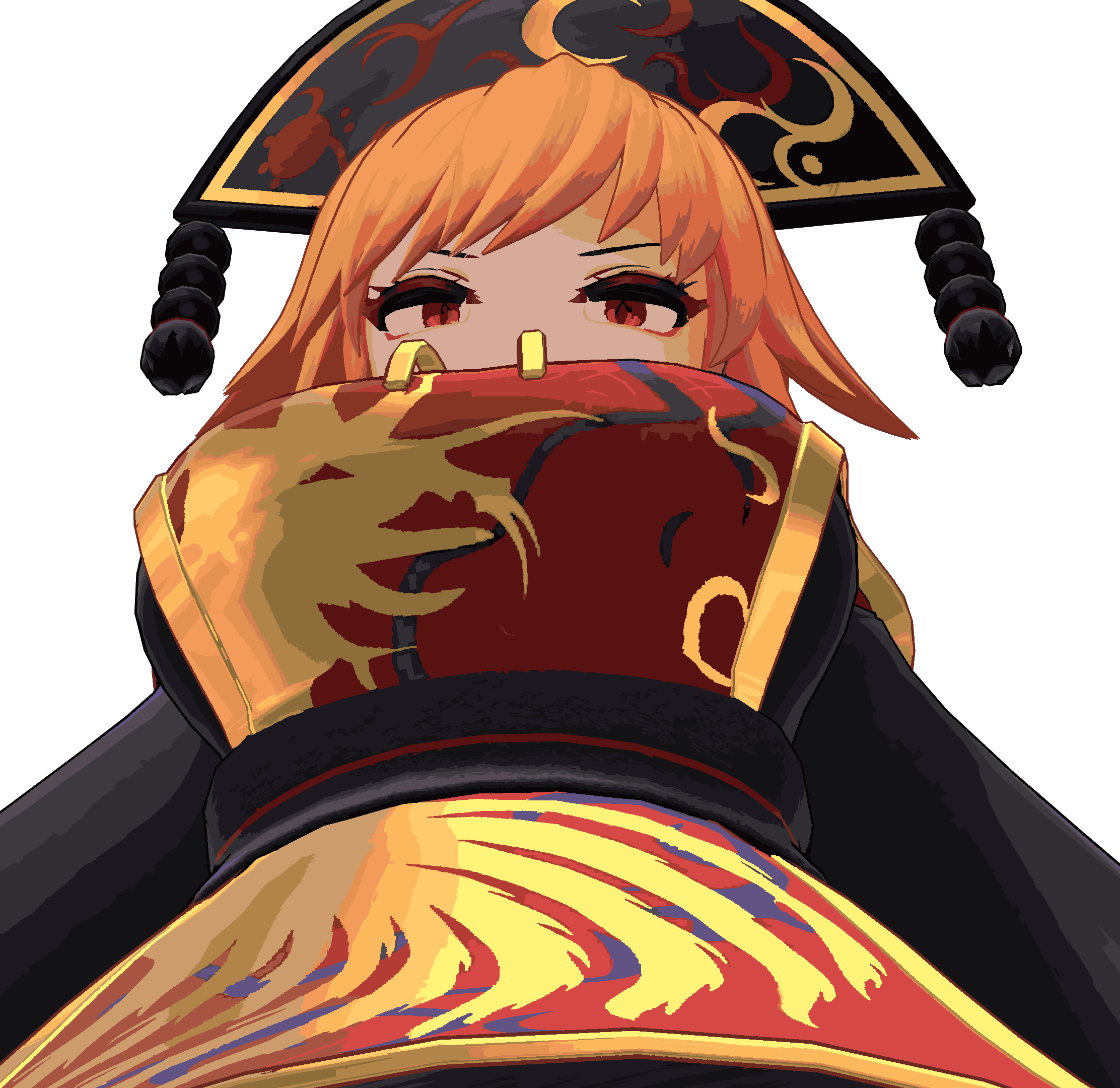1girl belt black_belt black_dress breasts chinese_clothes crescent crescent_print dalachi_(headdress) dress from_below highres junko_(touhou) large_breasts looking_down moon_(ornament) orange_hair phoenix_print pom_pom_(clothes) red_eyes red_tabard solo tabard touhou wavy_hair white_background wide_sleeves wrench_(superwrenching)