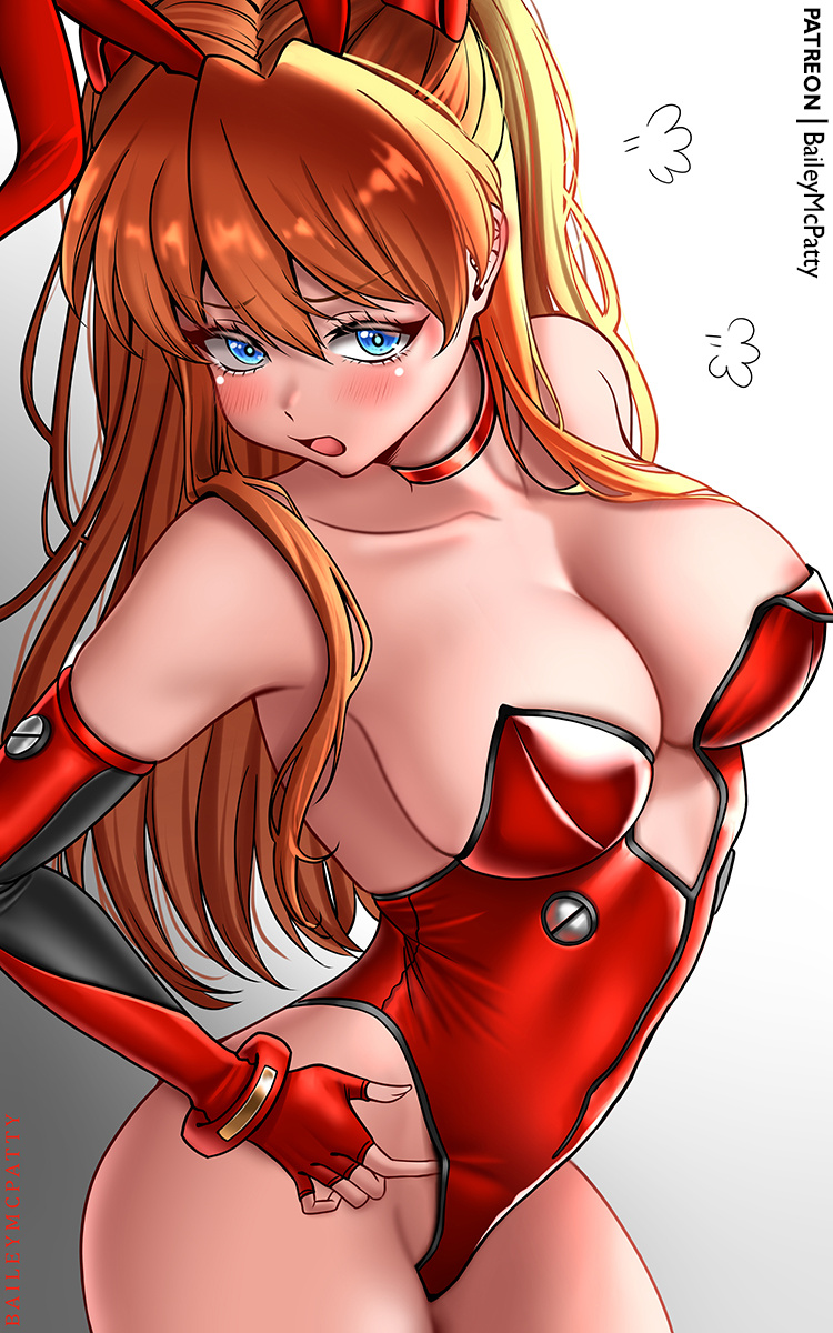 1girl adapted_costume animal_ears areola_slip baileymcpatty bare_shoulders blue_eyes blush breasts choker collarbone covered_navel elbow_gloves fingerless_gloves gloves gradient_background grey_background highleg highleg_leotard highres large_breasts leotard long_hair looking_at_viewer neon_genesis_evangelion open_mouth orange_hair patreon_username playboy_bunny puff_of_air rabbit_ears red_choker red_gloves red_leotard shiny_skin solo souryuu_asuka_langley very_long_hair wide_hips