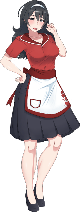 1girl apron black_eyes black_hair black_shoes black_skirt breasts buttons cleavage collarbone collared_shirt commentary dozuki_aishi english_commentary floral_print floral_print_apron hairband half-closed_eyes hand_on_own_hip kateluvcatz light_blush medium_hair official_art raised_eyebrow red_shirt shirt shoes short_sleeves skirt solo white_apron white_hairband yandere_simulator