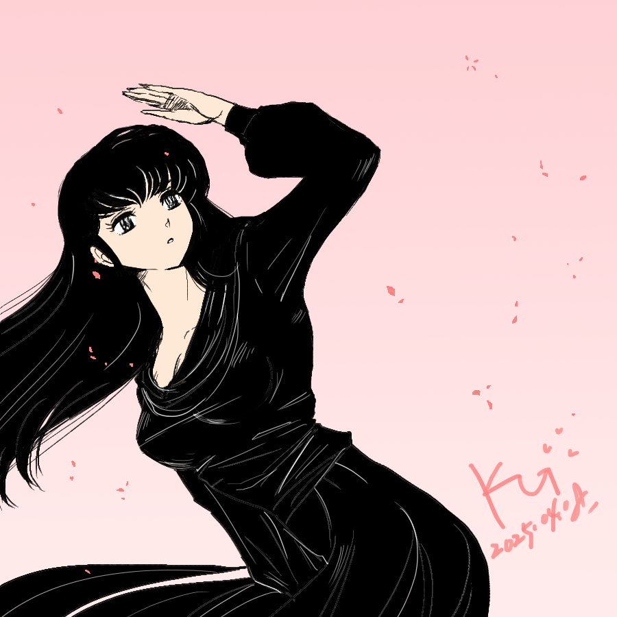 black_dress black_hair breasts cherry_blossoms dress funeral_dress hand_over_face jian_yin long_hair long_sleeves maison_ikkoku medium_breasts mourning otonashi_kyouko pink_background wistful