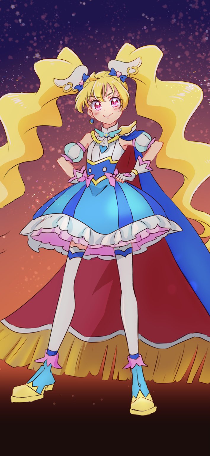 1girl blonde_hair blush commentary_request cosplay crossover cure_peach cure_sky cure_sky_(cosplay) dress earrings eyelashes fpminnie1 fresh_precure! gloves gradient_background hair_ornament happy highres hirogaru_sky!_precure in-franchise_crossover jewelry long_hair looking_at_viewer magical_girl momozono_love pink_eyes precure sketch smile solo standing thighhighs thighs twintails very_long_hair white_gloves wing_hair_ornament