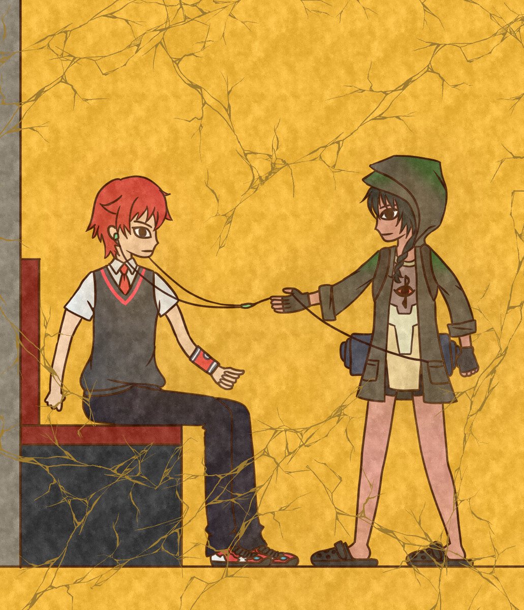 10s 1boy 1girl anoshiras_ii arm_up backpack bag bike_shorts black_gloves black_hair black_pants black_shorts blue_eyes braid collared_shirt commentary_request couple crack earbuds earphones egyptian_art fingerless_gloves gloves green_jacket gridman_universe hetero hibiki_yuuta highres hood hood_up jacket kita_(7kita) long_hair low_twintails necktie open_clothes open_jacket open_mouth pants red_hair red_neckwear school_uniform shirt shoes short_sleeves shorts sneakers ssss.gridman twintails vest waistcoat white_shirt wing_collar yellow_background
