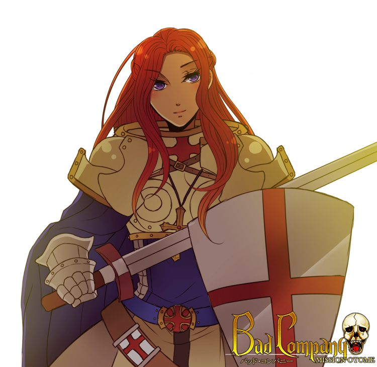 1girl armor belt blue_belt blue_cape blue_shirt breastplate cape closed_mouth commentary cross cross_necklace cross_of_saint_george crusader_(ragnarok_online) english_commentary gauntlets holding holding_shield holding_sword holding_weapon jewelry long_hair looking_at_viewer necklace pauldrons purple_eyes ragnarok_online red_hair rinslette shield shirt shoulder_armor simple_background skull smile solo sword upper_body weapon white_background