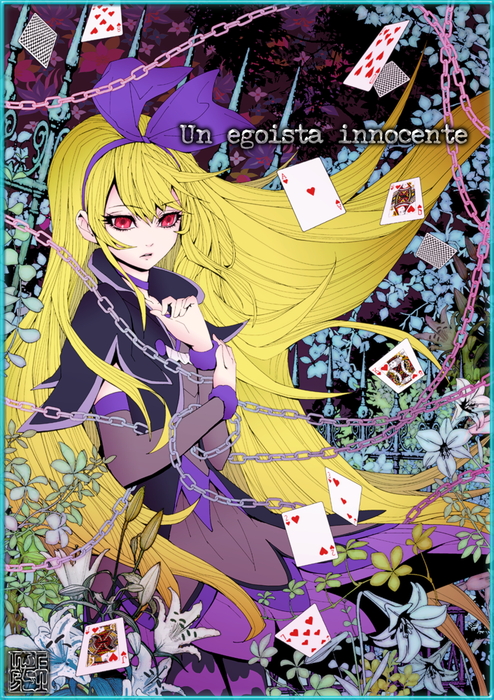 1girl black_jacket blonde_hair bow card chain choker cropped_jacket dokidoki!_precure dress flat_chest floral_background flower gate grey_dress hair_bow hands_on_own_chest huge_bow jacket kamikita_futago long_hair looking_afar multicolored_dress open_mouth playing_card precure purple_bow purple_choker purple_dress red_eyes regina_(dokidoki!_precure)