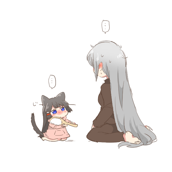 ... 2girls animal_ears barefoot black_hair black_pajamas black_pants black_shirt blue_eyes blush blush_stickers cat_ears cat_girl cat_tail chibi facing_away grey_hair hair_brush hair_ornament hairclip higuchi_kaede holding hood hood_down hoodie kemonomimi_mode long_sleeves mini_person minigirl multiple_girls nijisanji nose_blush pajamas pants pink_hoodie rebecca_(keinelove) shadow shirt simple_background sitting soles spoken_ellipsis tail tsukino_mito virtual_youtuber wariza white_background
