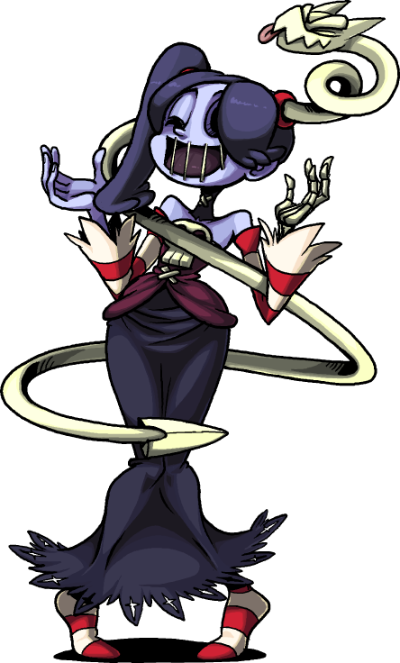 1girl alex_ahad_(style) bare_shoulders blue_hair blue_skin bone closed_eyes colored_skin detached_collar detached_sleeves eye_socket female_focus full_body hair_over_one_eye laughing leviathan_(skullgirls) long_hair long_skirt monster_girl narrow_waist no_shoes parody pigeon-toed purple_hair side_ponytail skeleton skirt skull skullgirls socks solo squigly_(skullgirls) stitched_mouth stitches striped_clothes striped_legwear striped_sleeves striped_socks style_parody tiptoes tongue tongue_out transparent_background zombie zone_(artist)