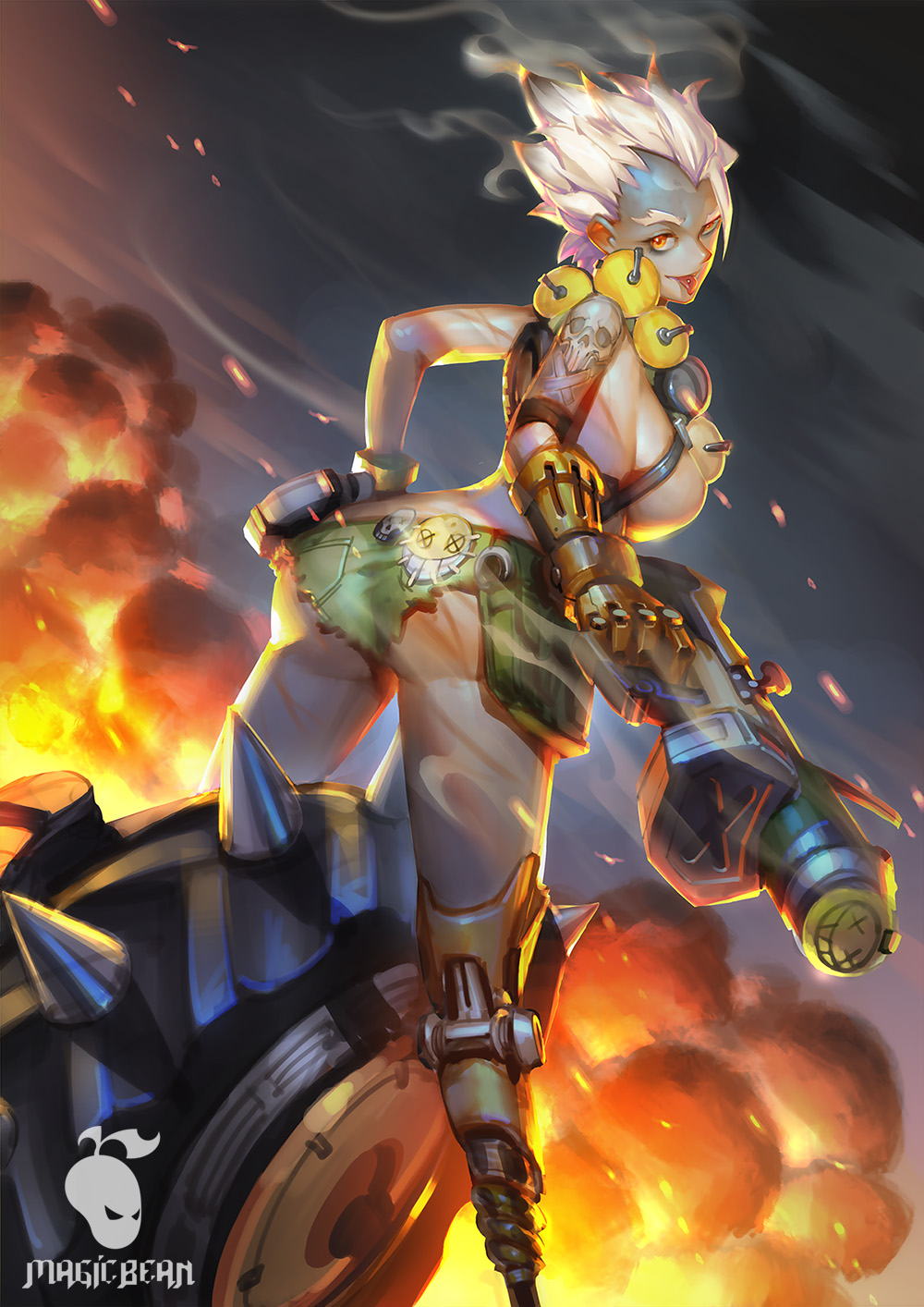1girl ass backlighting blonde_hair breasts cowboy_shot crazy embers explosive eyebrows eyeliner female_focus finger_on_trigger fingerless_gloves from_behind genderswap genderswap_(mtf) gloves green_shorts grenade grenade_launcher hand_on_own_hip harness highres holding holding_weapon junkrat_(overwatch) large_breasts leaning_forward looking_at_viewer looking_back looking_to_the_side makeup mechanical_arms orange_eyes overwatch overwatch_1 patch piercing pouch prosthesis scar short_hair short_shorts shorts single_mechanical_arm smoke solo spiked_hair spikes standing tattoo tongue tongue_out tongue_piercing topless_female unused_tire watermark weapon xiao_duzi