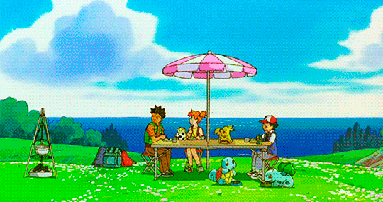 1girl 2boys 3d animated animated_gif ash_ketchum blue_sky brock_(pokemon) bulbasaur chair charizard cloud comparison creatures_(company) dragonite flying food game_freak gen_1_pokemon gen_2_pokemon grass misty_(pokemon) multiple_boys nintendo outdoors pikachu pokemon pokemon_(anime) pokemon_(classic_anime) pokemon_(creature) pokemon:_the_first_movie_-_mewtwo_strikes_back pokemon:_mewtwo_strikes_back_-_evolution psyduck shockwave sitting sky squirtle table togepi tree vulpix water