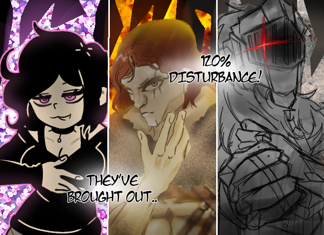1girl 2boys armor ashley_graves aura black_souls choker fear_&amp;_hunger_(series) grimm_(black_souls) jujutsu_kaisen menacing multiple_boys non-web_source original pink_eyes ragnvaldr_(fear_&amp;_hunger) scar scar_on_face scarf the_coffin_of_andy_and_leyley