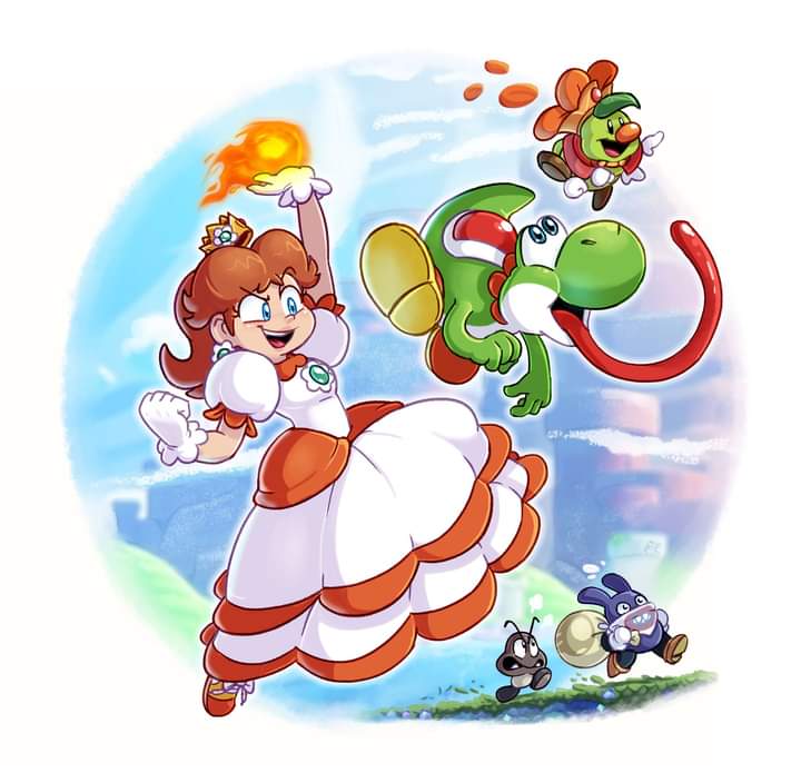 1girl 4others arm_up blue_eyes breasts brooch brown_hair crown dinosaur dress earrings fire fire_daisy flower_earrings francois.l full_body gloves goomba grin jewelry jumping mario_(series) medium_breasts multiple_others nabbit nintendo open_mouth power-up prince_florian princess_daisy puffy_short_sleeves puffy_sleeves running sack short_sleeves smile smug super_mario_bros._wonder tail tomboy tongue tongue_out white_dress yoshi
