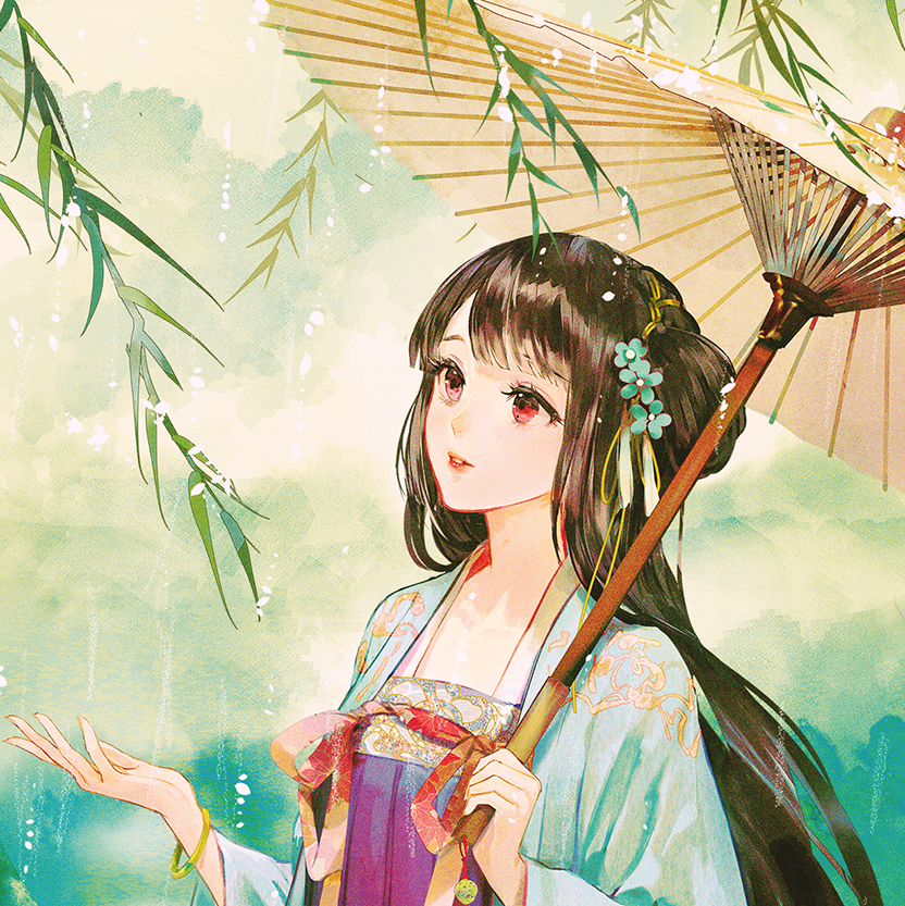 1girl bangle black_hair blue_flower bracelet brown_umbrella chinese_clothes commentary_request female_focus flower hair_flower hair_ornament hand_up hanfu holding holding_umbrella jewelry long_sleeves looking_away oil-paper_umbrella original parted_lips qixiong_ruqun rain red_eyes red_lips ruqun say_hana solo umbrella upper_body wide_sleeves