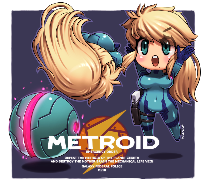1girl ass blonde_hair blue_bodysuit blue_eyes blush bodysuit breasts commentary_request english_text full_body jumping kainan long_hair looking_at_viewer metroid metroid_(classic) mole mole_under_mouth morph_ball nintendo open_mouth samus_aran teeth upper_teeth_only zero_suit