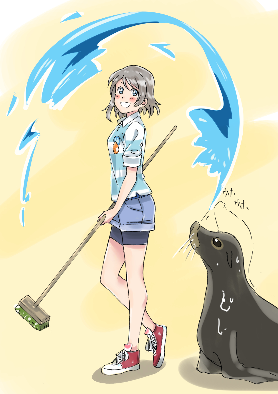 1girl blue_eyes blush broom brown_hair highres love_live! love_live!_sunshine!! shoes short_hair shorts skt_(ryxxxxx) smile sneakers thighs tight_clothes watanabe_you water