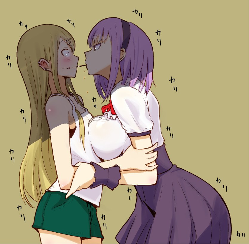 10s 2girls arm_grab asymmetrical_docking blonde_hair blush bra breast_press breasts commentary_request dagashi_kashi dress earrings endou_saya fang fang_out food hair_ornament hairband hairclip jewelry large_breasts long_hair looking_at_another medium_hair multiple_girls pocky pocky_day pocky_kiss purple_hair ricochet-gou saliva sanpaku scrunchie shade shared_food shidare_hotaru short_shorts shorts simple_background small_breasts sound_effects tank_top underwear yellow_background yuri