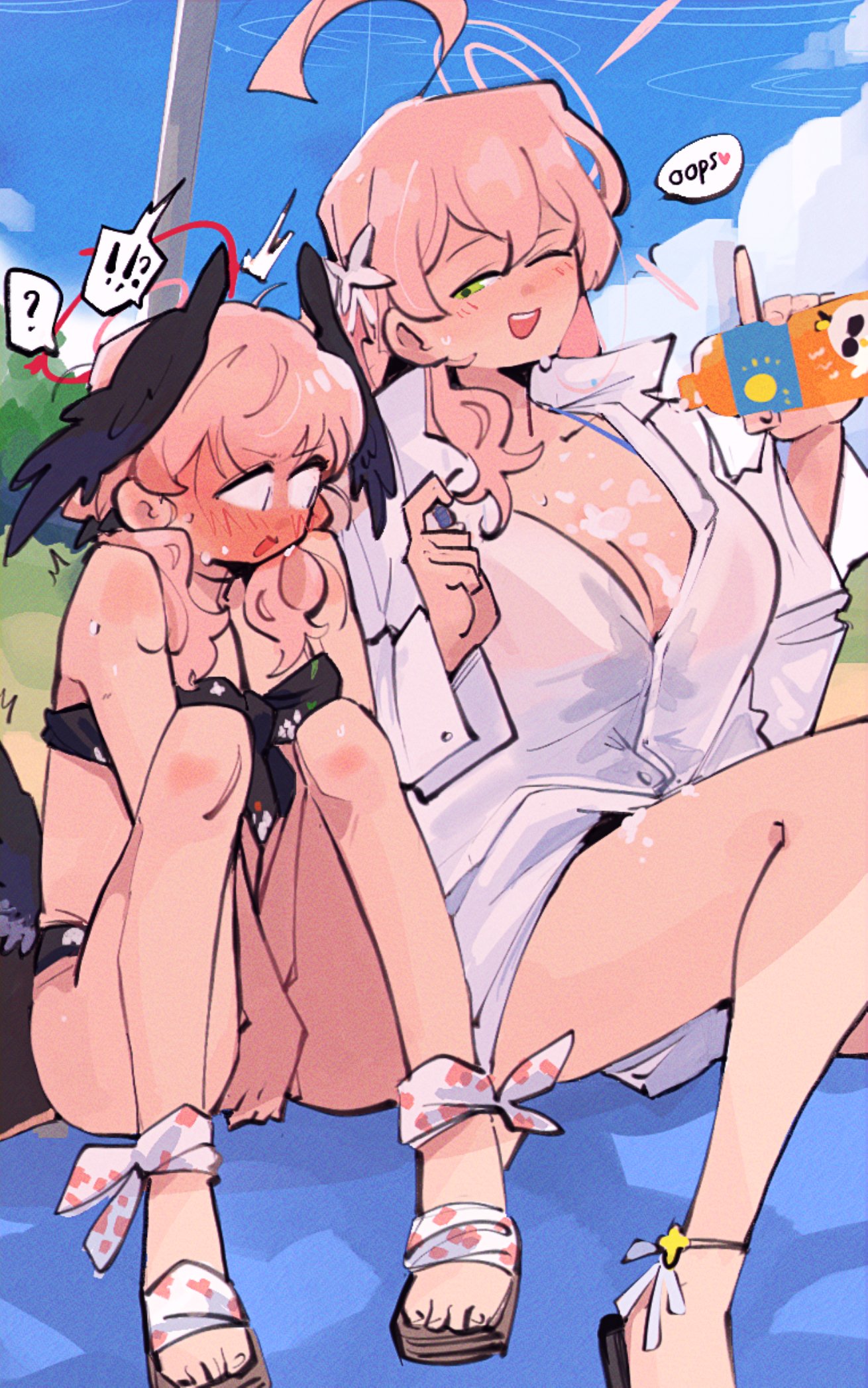 !? <|>_<|> 2girls ? ahoge bikini black_bikini black_wings blue_archive blush bottle breasts day green_eyes halo hanako_(blue_archive) hanako_(swimsuit)_(blue_archive) highres holding holding_bottle kinzaibatsu91 knees_up koharu_(blue_archive) koharu_(swimsuit)_(blue_archive) large_breasts long_hair long_sleeves looking_at_another looking_at_breasts lotion_bottle low_wings multiple_girls official_alternate_costume one_eye_closed open_mouth outdoors pink_hair pink_halo red_halo see-through_clothes see-through_shirt shirt sitting smile spoken_question_mark swimsuit twintails white_shirt wings