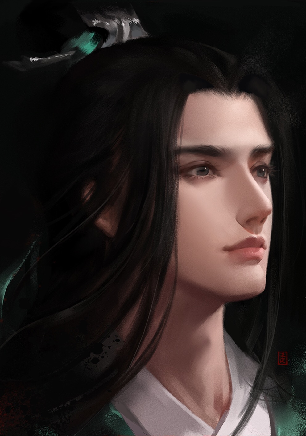 1boy aqua_hanfu aqua_ribbon asian black_background black_hair chinese_commentary closed_mouth commentary_request expressionless eyelashes grey_eyes hair_bun hair_ornament hair_ribbon hairpin half_updo highres long_hair looking_ahead luo_binghe male_focus nostrils pink_lips pointy_nose realistic renzha_fanpai_zijiu_xitong ribbon simple_background single_hair_bun solo thick_eyebrows thick_lips topknot upper_body very_long_hair ye_dian_pikaqiu