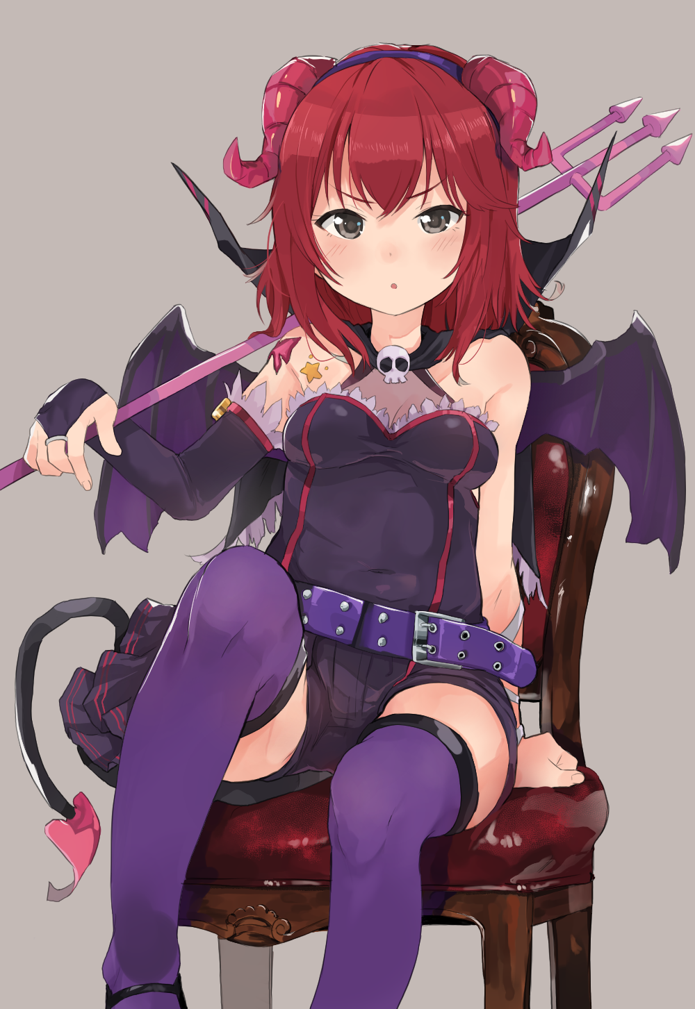10s 1girl alternate_costume chair demon_girl female_focus grey_background grey_eyes hair_between_eyes highres horns idolmaster idolmaster_cinderella_girls messy_hair murakami_tomoe pitchfork polearm purple_thighhighs red_hair red_upholstery simple_background sitting solo star_(symbol) tail thighhighs trident wataro_(watawatawatapon) weapon wings