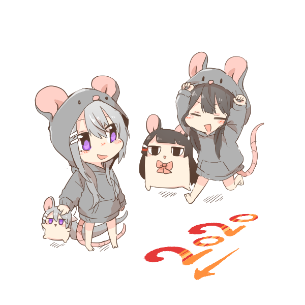 2020 4girls :d animal_ears animal_hood arrow_(symbol) barefoot black_hair blush chibi chinese_zodiac closed_eyes fake_animal_ears grey_hair grey_hoodie hair_between_eyes hair_ornament hairclip higuchi_kaede hood hood_up hoodie mole mole_under_eye mouse_ears mouse_hood mouse_tail multiple_girls nijisanji open_mouth purple_eyes rebecca_(keinelove) running shadow simple_background smile standing tail tsukino_mito virtual_youtuber white_background year_of_the_rat