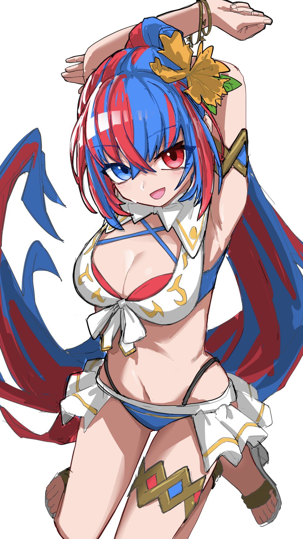1girl aaaakunaaaa bikini blue_bikini blue_eyes blue_hair breasts cleavage criss-cross_halter crossed_bangs female_alear_(fire_emblem) female_alear_(seaside_dragon)_(fire_emblem) fire_emblem fire_emblem_engage fire_emblem_heroes gold_armlet gold_thighlet halterneck heterochromia highres large_breasts long_hair looking_at_viewer multicolored_hair nintendo official_alternate_costume official_alternate_hairstyle ponytail red_bikini red_eyes red_hair showgirl_skirt solo split-color_hair swimsuit two-tone_hair very_long_hair white_bikini