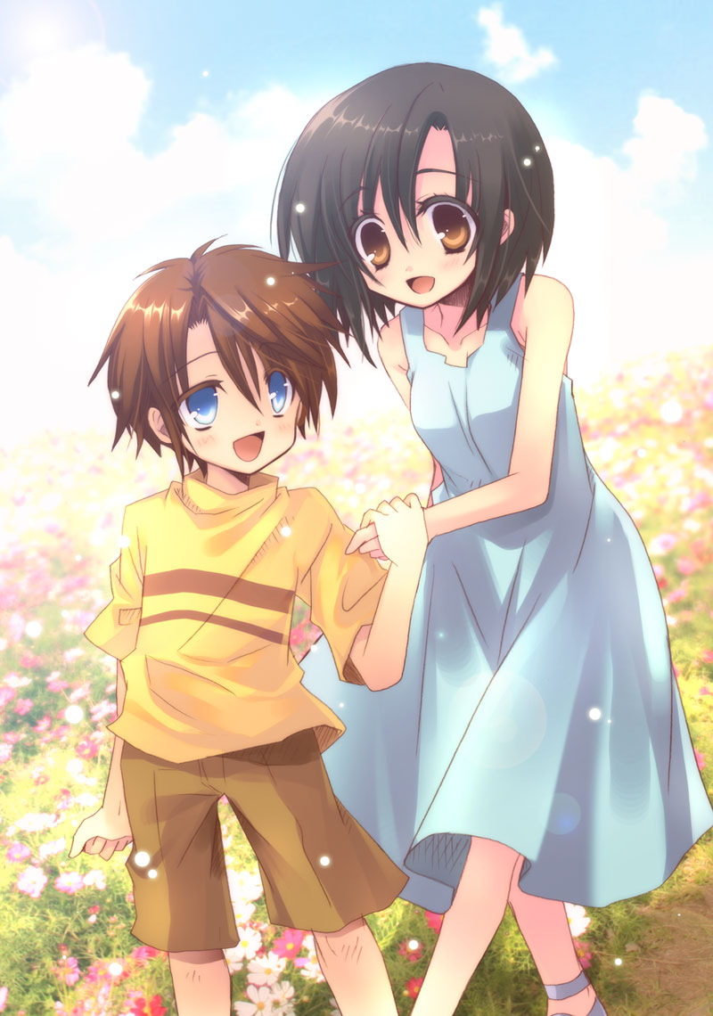 1990s_(style) 1boy 1girl black_hair blue_eyes brown_eyes brown_hair child dress ellone ellone_loire final_fantasy final_fantasy_viii flower holding_hands izumi_makoto long_hair open_mouth shirt short_hair shorts sky spoilers squall_leonhart aged_down
