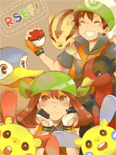 00s 1boy 1girl bandana black_hair brendan_(pokemon) brendan_(pokemon_emerald) brown_hair closed_eyes copyright_name fingerless_gloves gen_3_pokemon gloves hacohune hat linoone may_(pokemon) may_(pokemon_emerald) minun nintendo pelipper plusle poke_ball poke_ball_(basic) pokemon pokemon_(creature) pokemon_rse smile swellow tegaki