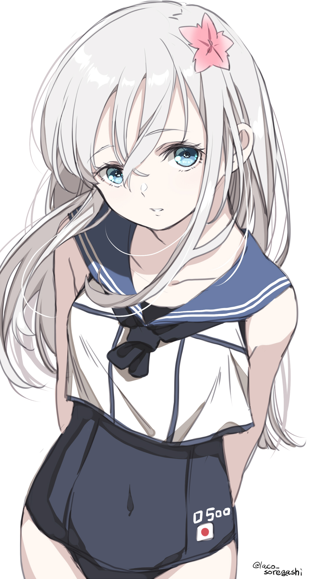1girl arms_behind_back black_neckerchief black_one-piece_swimsuit black_sailor_collar blonde_hair blue_eyes commentary_request cosplay crop_top flower hair_flower hair_ornament highres kantai_collection laco_soregashi long_hair neckerchief one-hour_drawing_challenge one-piece_swimsuit ro-500_(kancolle) ro-500_(kancolle)_(cosplay) sailor_collar sailor_shirt school_swimsuit shirt simple_background sleeveless solo swimsuit swimsuit_under_clothes u-511_(kancolle) white_background