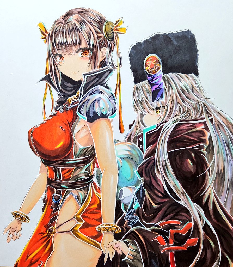 2girls blush breasts brown_hair charlotta_skopovskaya chest_harness china_dress chinese_clothes coat dress fur_hat grey_hair harness hat heaven_burns_red large_breasts li_yingxia long_hair looking_at_another midoriyamamuras multiple_girls painting_(medium) red_dress ribbon stuffed_animal stuffed_cat stuffed_toy traditional_media ushanka yellow_eyes yuri