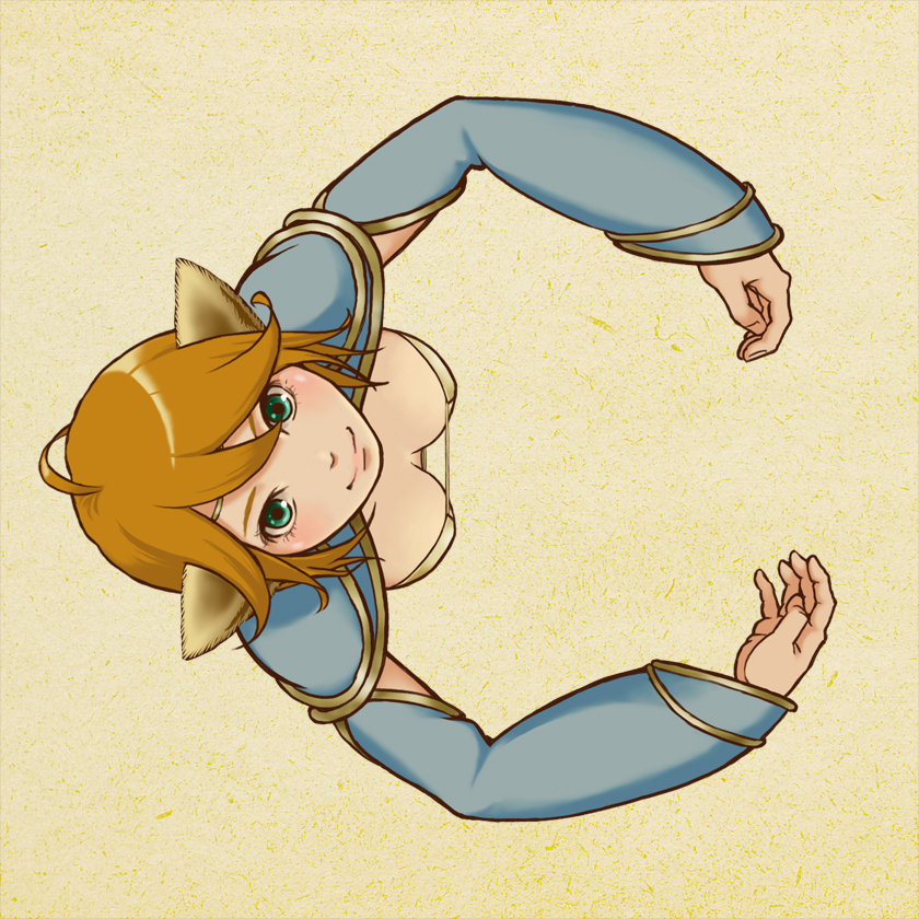 1girl alphabet animal_ears bad_id bad_pixiv_id bikini bikini_top_only blue_eyes brown_hair female_focus from_above genderswap genderswap_(mtf) journey_to_the_west letter_pose monkey_ears solo sun_wukong swimsuit yuuhei