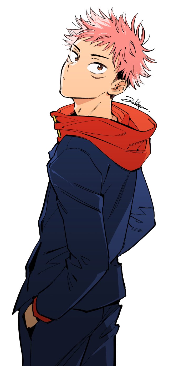 artist_name back blue_jacket blue_pants closed_mouth facial_mark gakuran hands_in_pockets highres hood hood_down hoodie itadori_yuuji jacket jujutsu_kaisen jujutsu_tech_uniform long_sleeves looking_back male_focus pants pink_hair pocket red_hood school_uniform short_hair sideburns spiked_hair undercut white_background zekkyou_(h9s9)