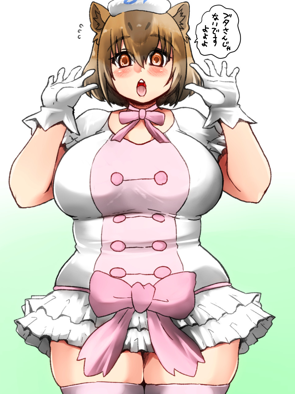1girl animal_ear_fluff animal_ears arms_up blush bow breasts brown_hair buttons capybara_(kemono_friends) commentary_request cowboy_shot dot_nose double-breasted dress gloves gradient_background green_background hair_between_eyes highres isna_(footprintsofisna) kemono_friends large_breasts looking_at_viewer multicolored_hair open_mouth orange_eyes pink_dress short_dress short_sleeves simple_background solo speech_bubble straight-on tareme thick_thighs thighhighs thighs towel towel_on_head translation_request white_background white_dress white_gloves