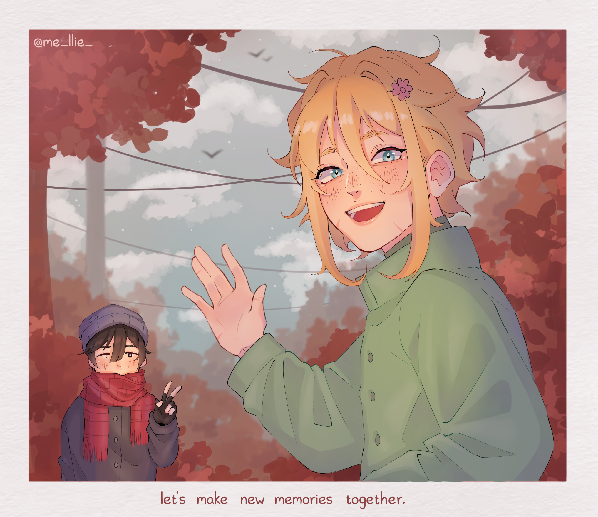 2boys basil_(faraway)_(omori) basil_(omori) black_coat black_eyes black_gloves black_hair blonde_hair blue_eyes bluesky_username blush coat day english_text fingerless_gloves flower gloves green_coat hair_flower hair_ornament highres lips long_sleeves looking_at_viewer male_focus mel_(melmellie) multiple_boys omori open_mouth outdoors red_scarf scarf signature smile spoilers sunny_(omori) teeth tree twitter_username upper_teeth_only