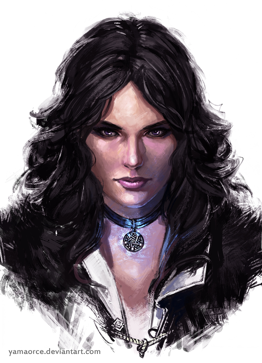 1girl artist_name black_choker choker deviantart_username highres long_hair looking_at_viewer pendant_choker portrait purple_eyes simple_background solo the_witcher_(series) watermark web_address white_background yama_orce yennefer_of_vengerberg