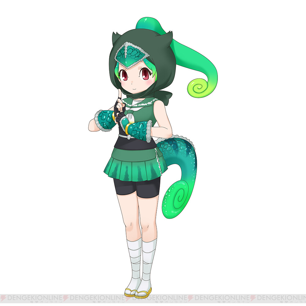 animal_ears game_cg gloves kemono_friends kemono_friends_3 necktie official_art panther_chameleon_(kemono_friends) school_uniform shirt skirt tachi-e tail yoshizaki_mine_(style)